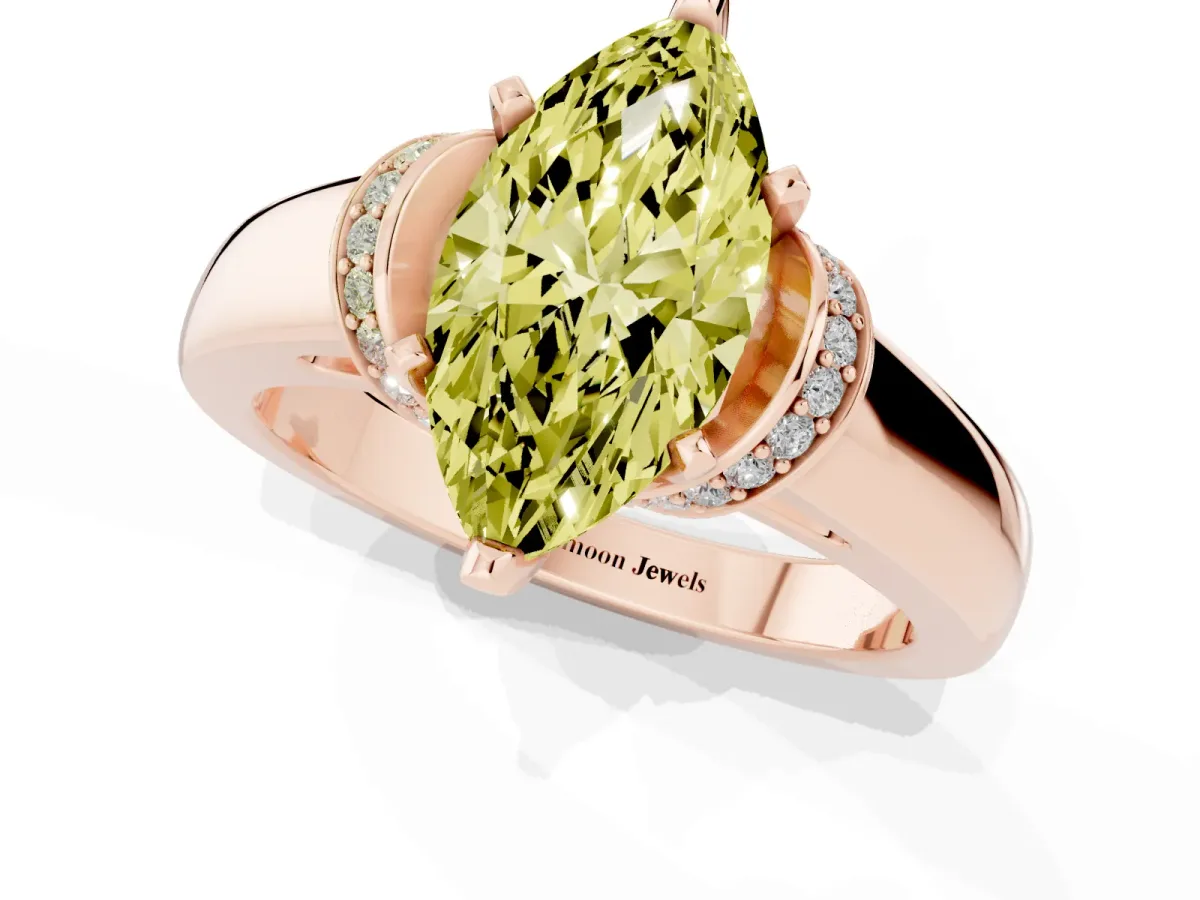 Fancy Yellow Marquise Cut Solitaire Diamond Ring with Pave Band and Six-Prong Setting Rose gold