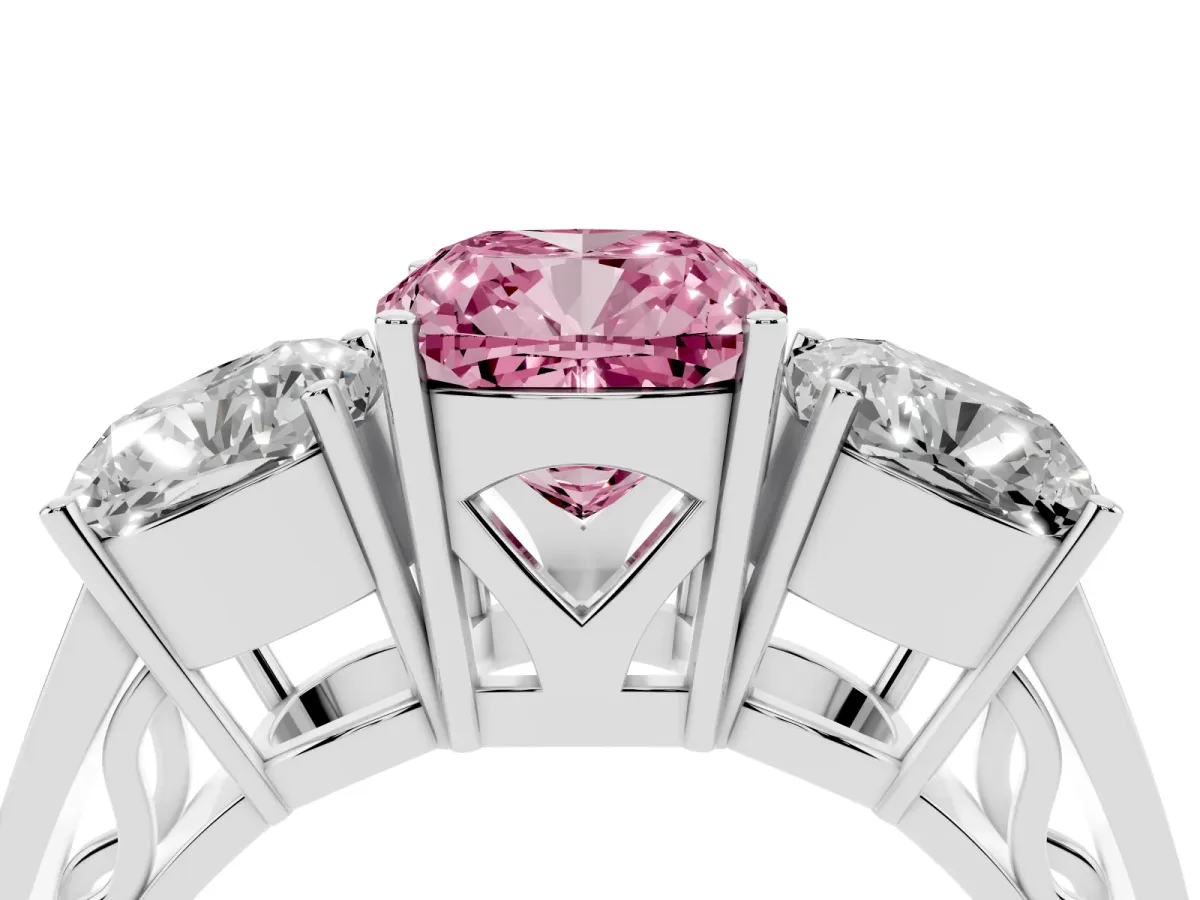 Fancy Pink Cushion Cut Diamond Three-Stone Ring with Prong Setting and Textured Band Silver