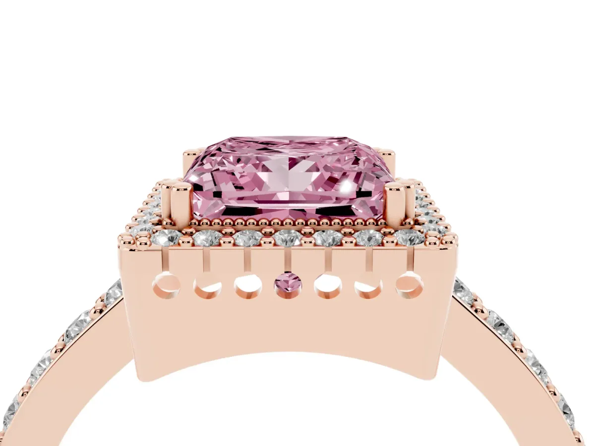 Fancy Pink Princess Cut Cut Diamond Halo Engagement Ring with Milgrain Detail and Pavé Band Rose gold