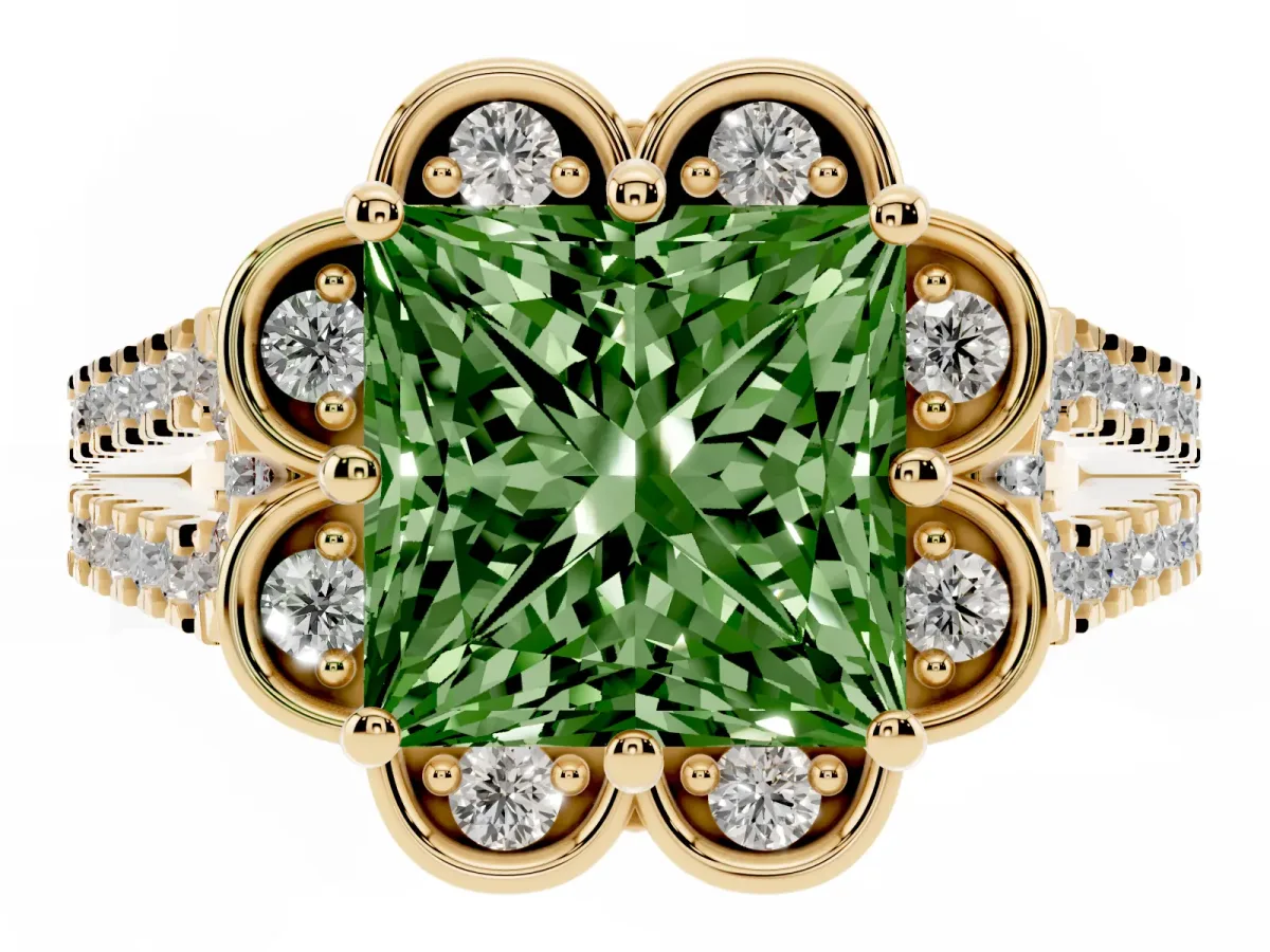 Fancy Green Princess Cut Halo Diamond Floral Split Shank Engagement Ring Yellow gold