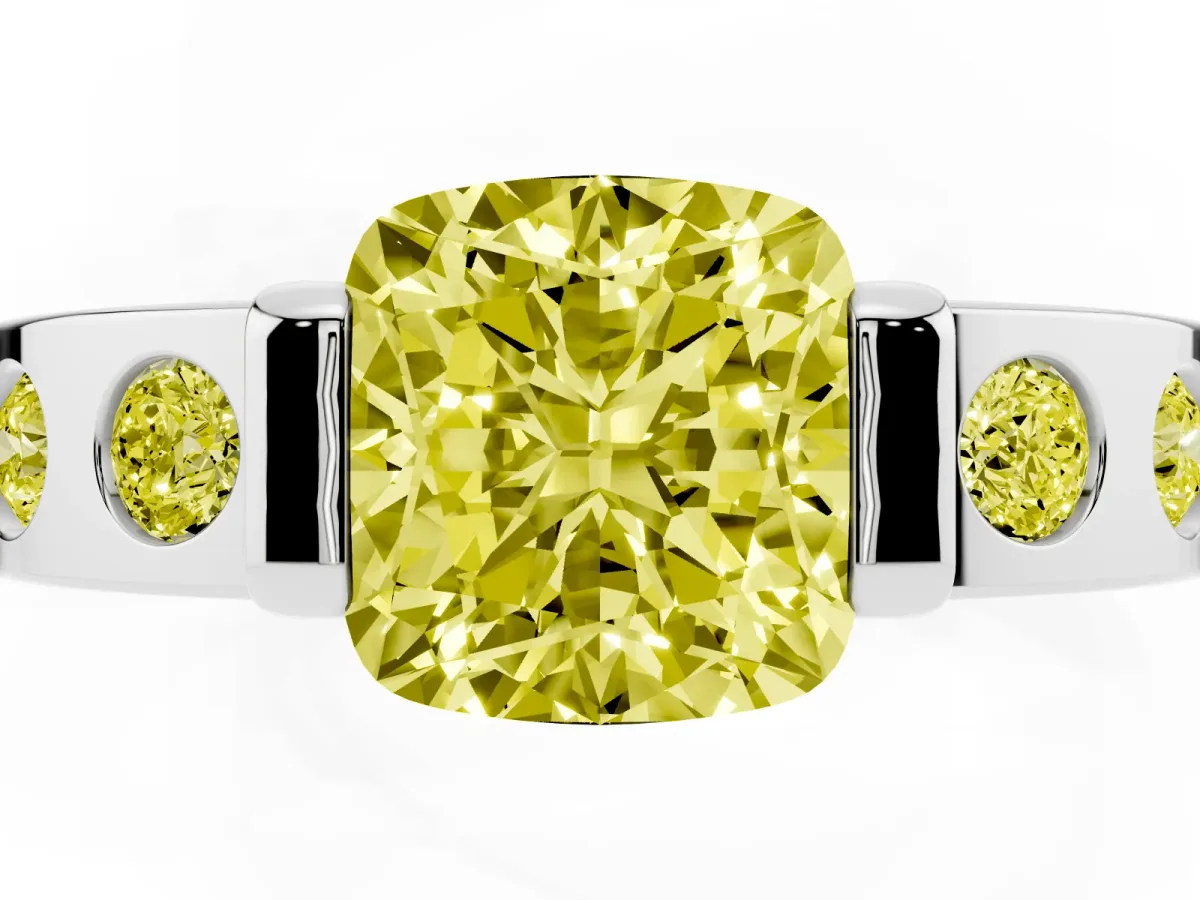 Fancy Yellow Cushion Cut Brilliant Channel-Set Diamond Ring with Bezel Prong Setting Silver