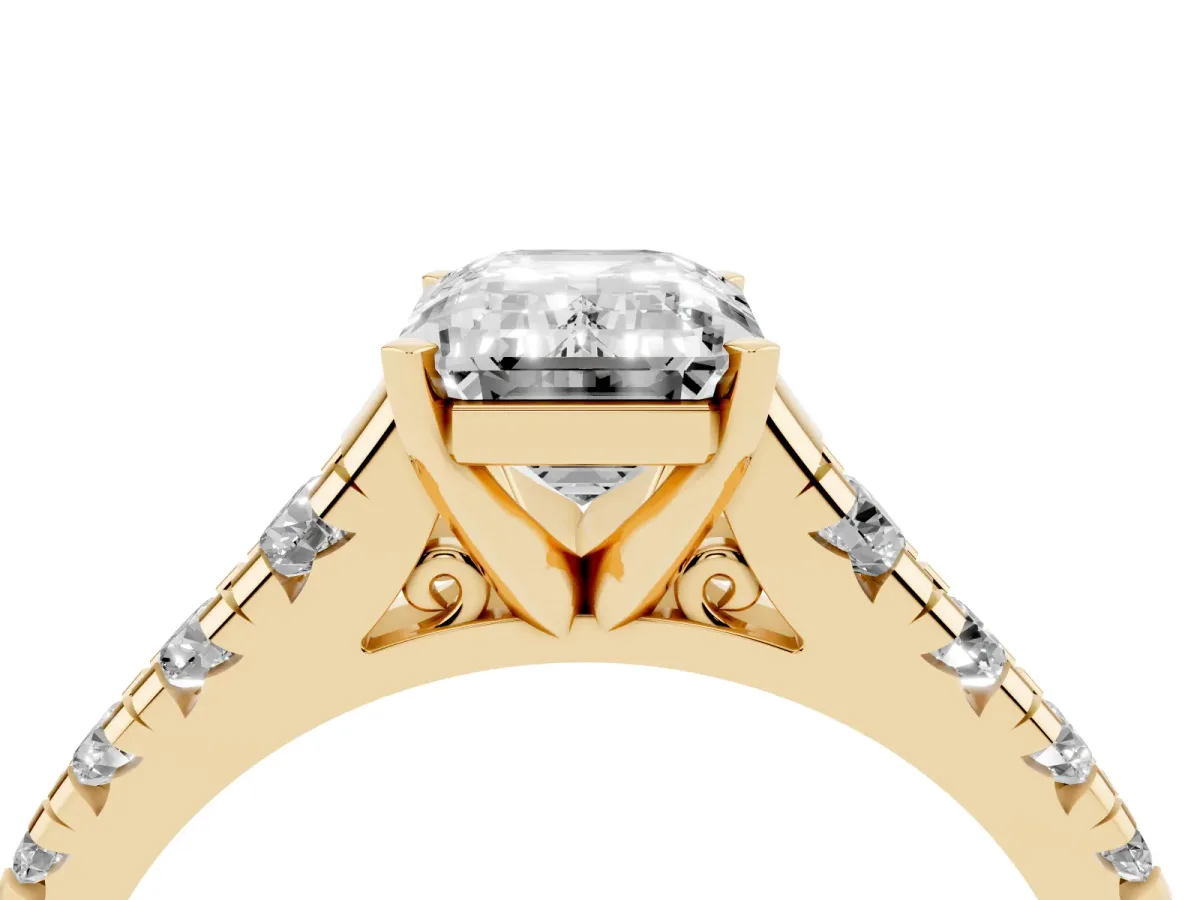 Emerald Cut Diamond Cathedral Solitaire Ring with Round Pavé Band Yellow gold