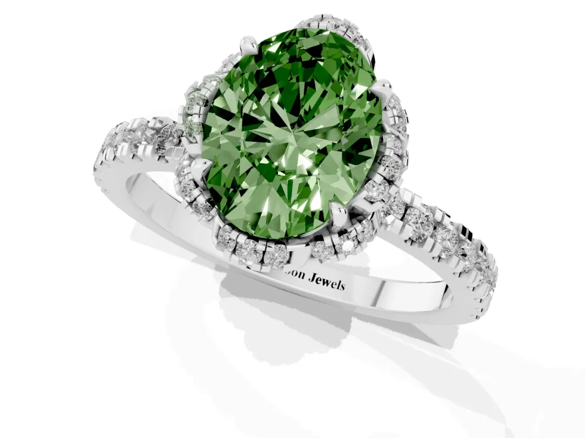 Fancy Green Oval Cut Diamond Halo Pave Band with Four-Prong Setting Platinum