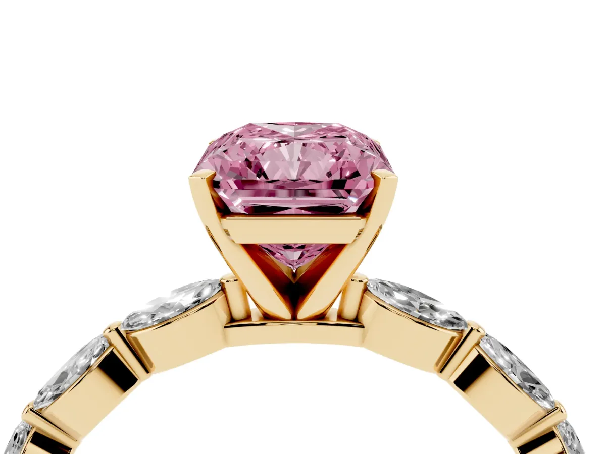 Fancy Pink Radiant Cut Diamond Ring with Marquise Side Stones and Prong Setting Yellow gold
