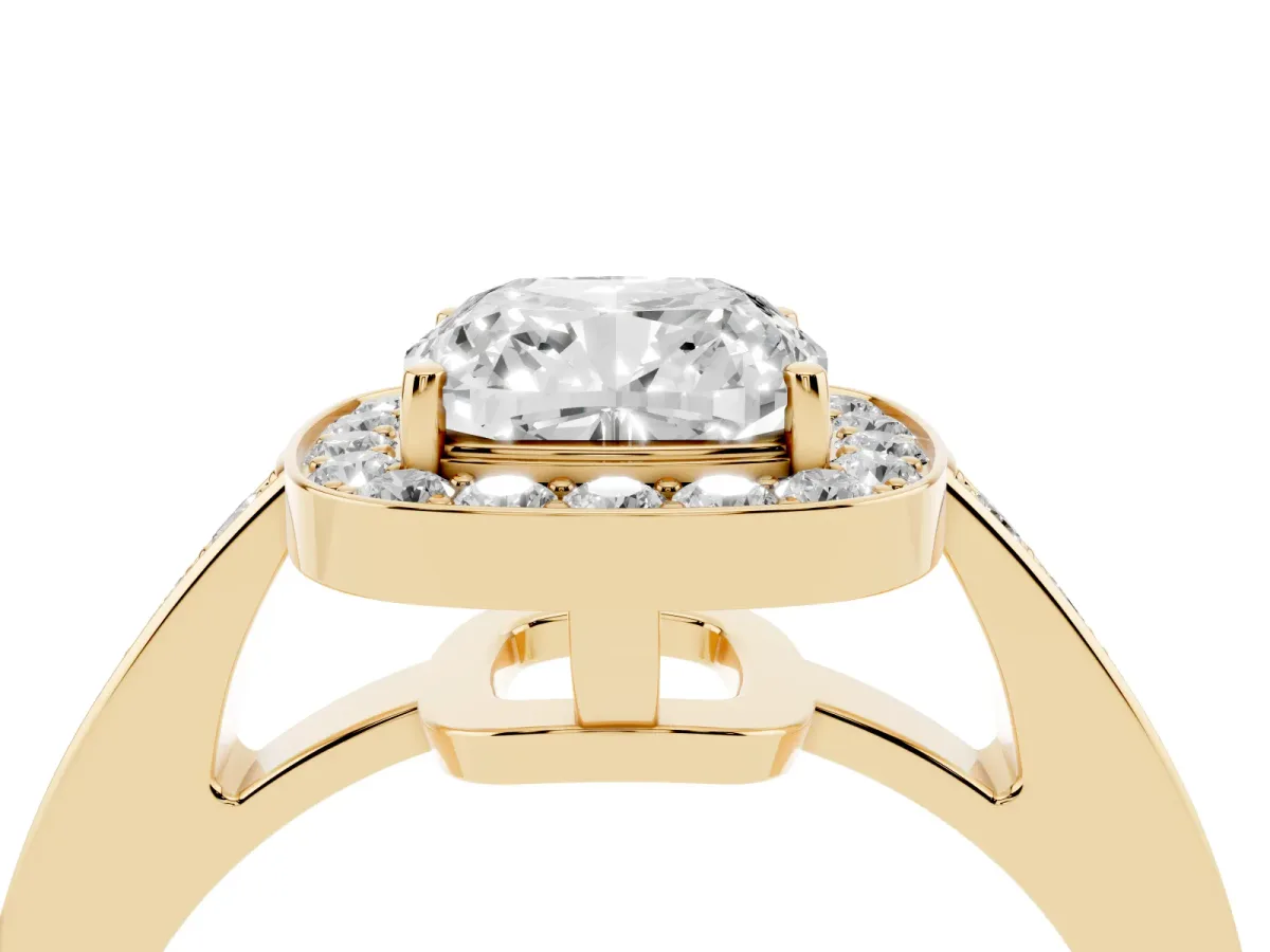 Cushion Cut Halo Pavé Diamond Engagement Ring with Bezel Setting Yellow gold