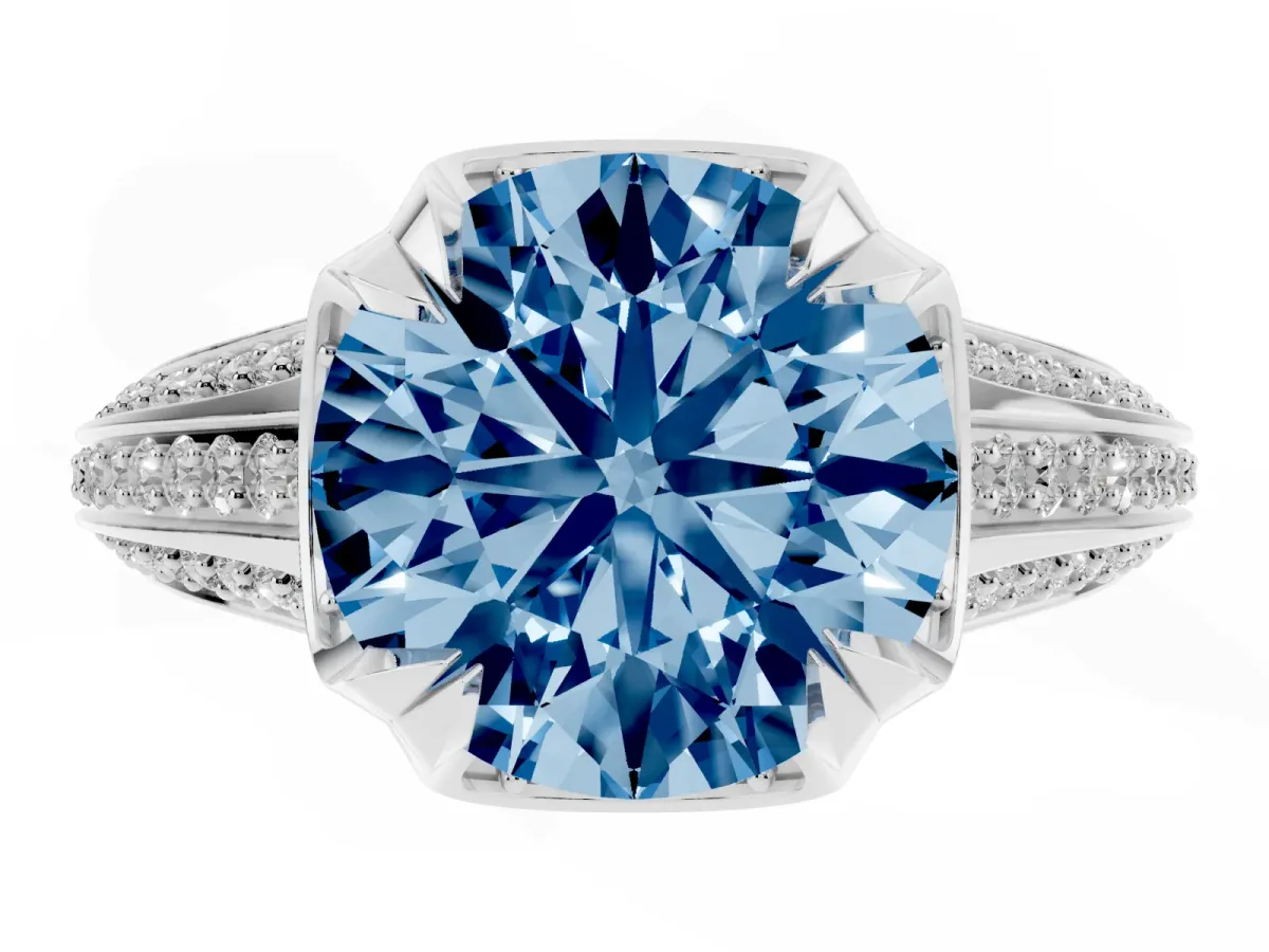 Fancy Blue Round Cut Solitaire Pave Split Shank Ring with Four-Prong Setting Platinum