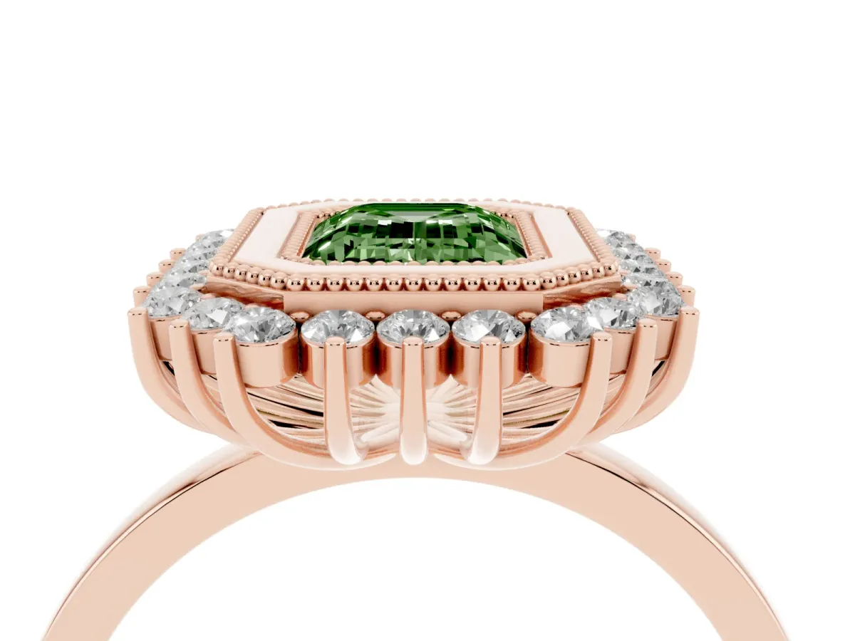 Fancy Green Emerald Cut Halo Diamond Ring with Milgrain Edge and Round Prong Setting Rose gold