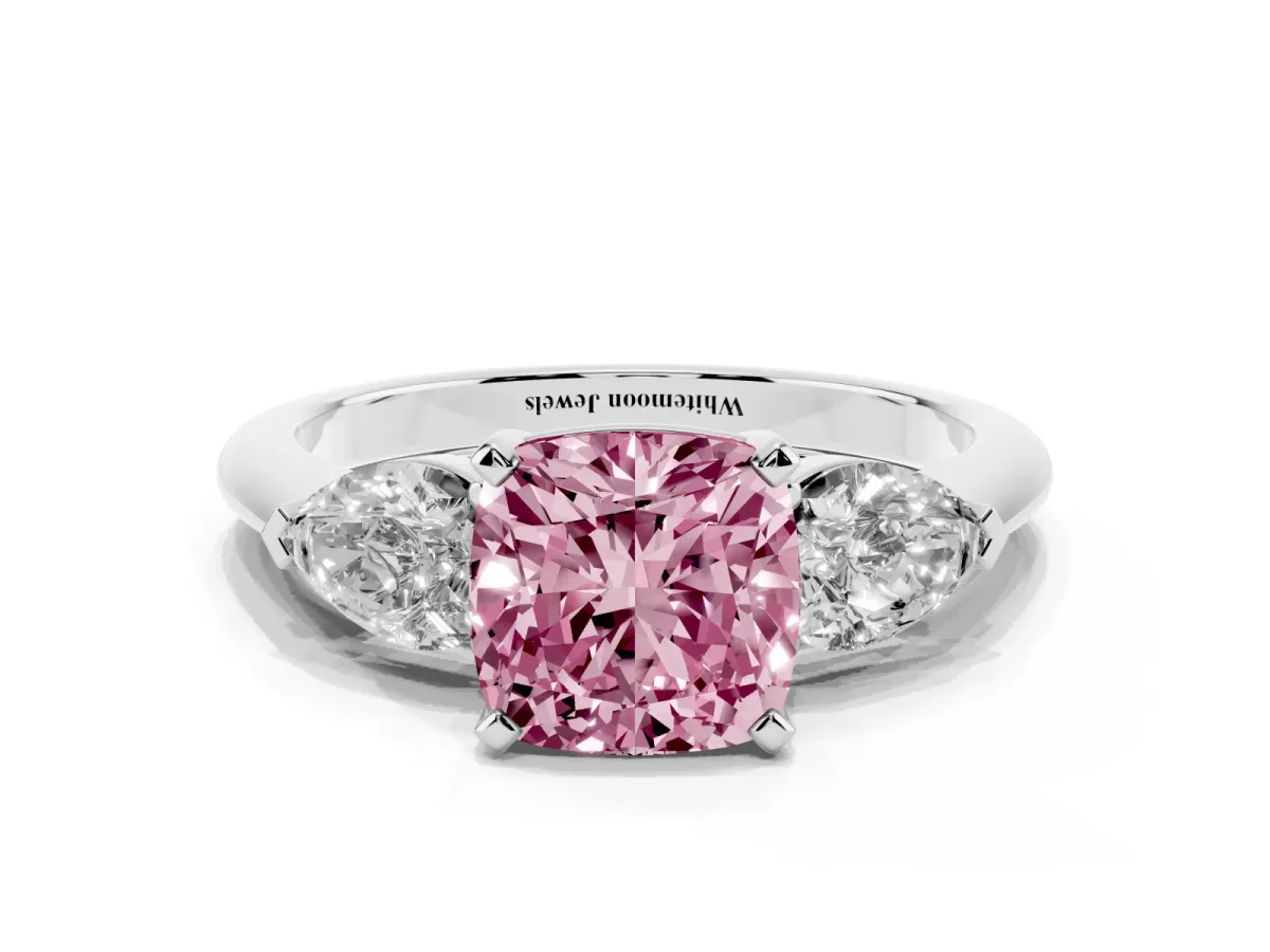 Fancy Pink Three-Stone Cushion Cut Diamond Ring with Pear Side Stones and Four-Prong Setting Silver