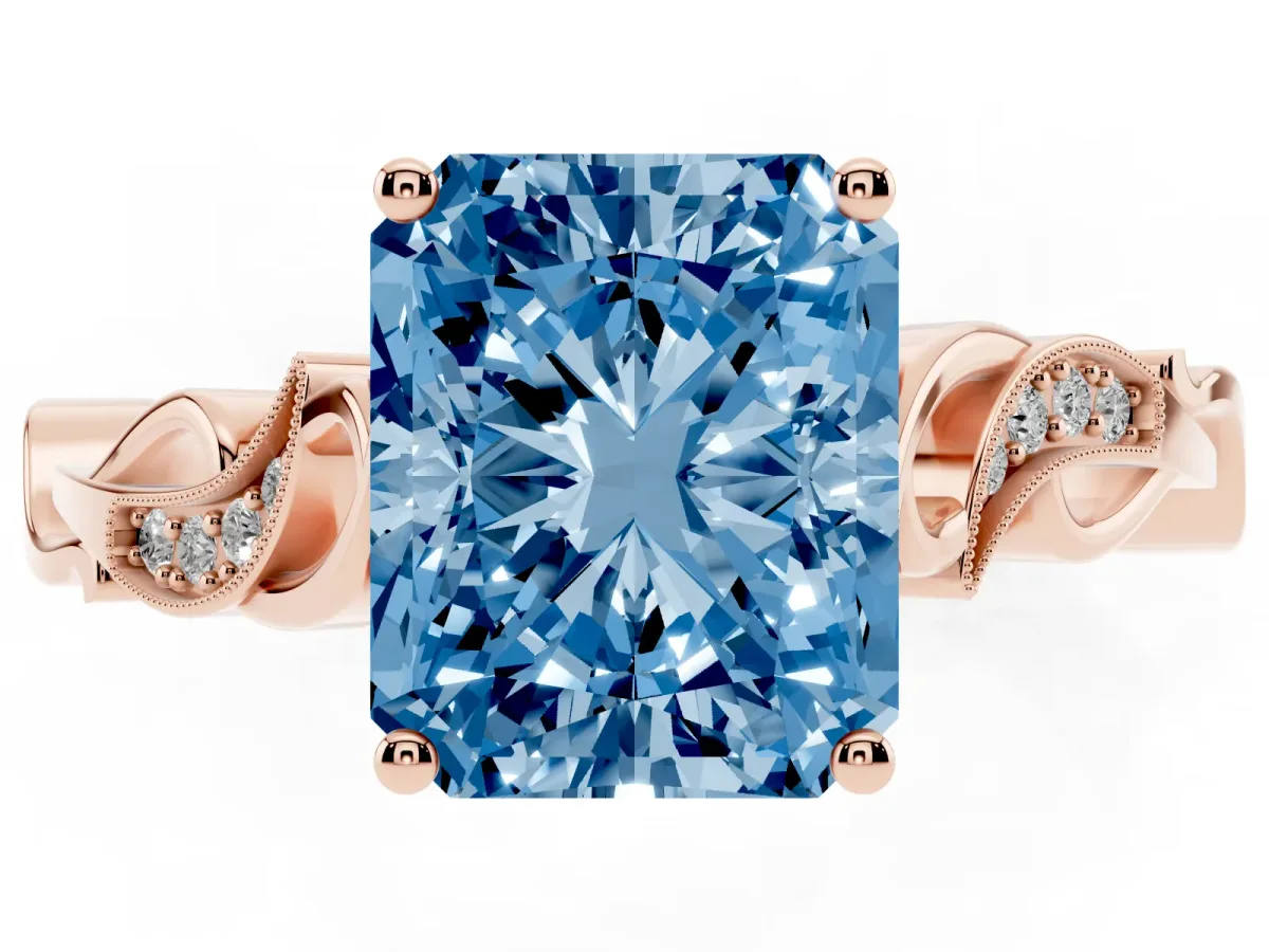 Fancy Blue Radiant Cut Solitaire Vine Band with Milgrain Prong Setting Rose gold