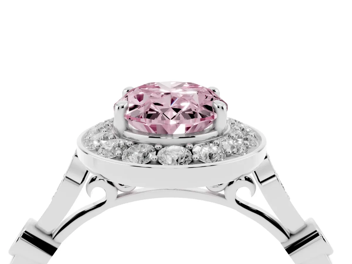 Fancy Pink Oval Cut Halo Diamond Engagement Ring with Twisted Band and Four-Prong Setting Silver