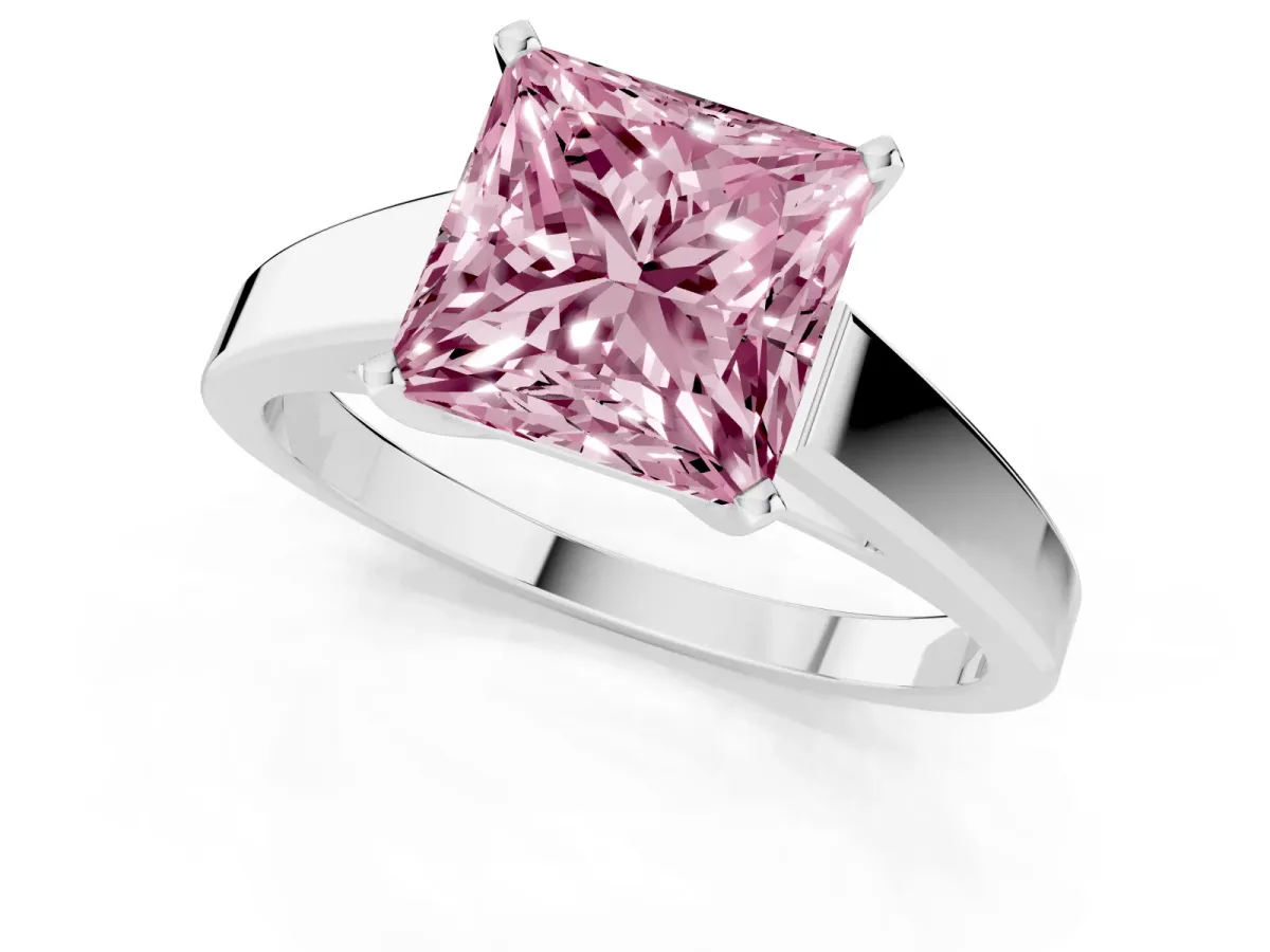 Fancy Pink Princess Cut Solitaire Engagement Ring with Four-Prong Setting and Tapered Band Platinum