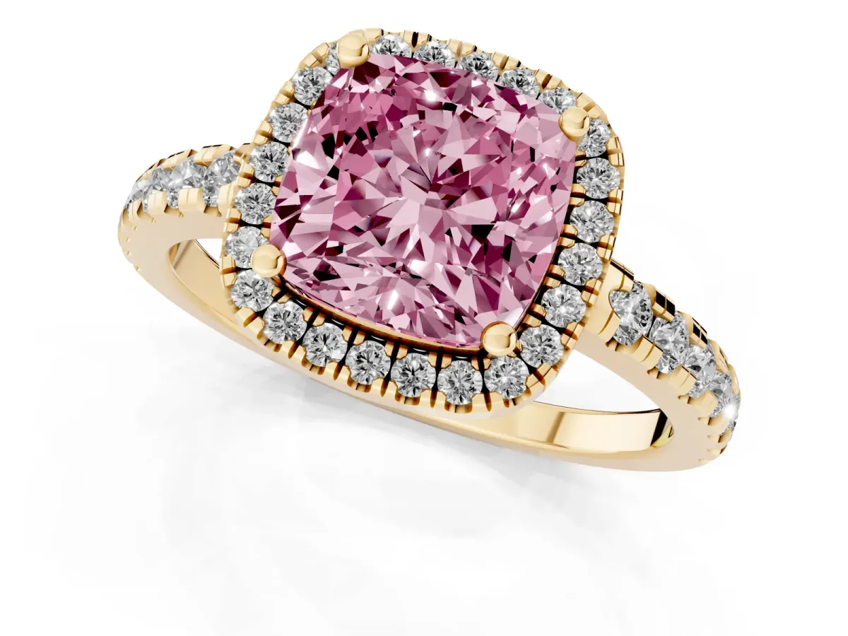 Fancy Pink Cushion Cut Diamond Halo Ring with Pavé Band and Four-Prong Setting Yellow gold