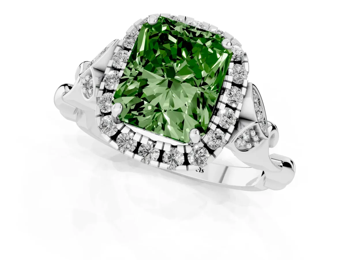 Fancy Green Radiant Cut Halo Diamond Engagement Ring with Vintage-Inspired Band and Four-Prong Setting White gold
