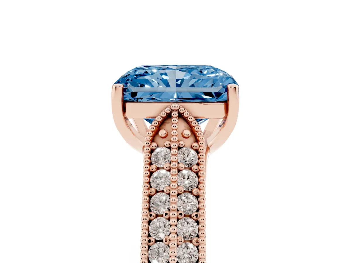 Fancy Blue Radiant Cut Cut Pave Split Shank Engagement Ring with Four-Prong Setting Rose gold