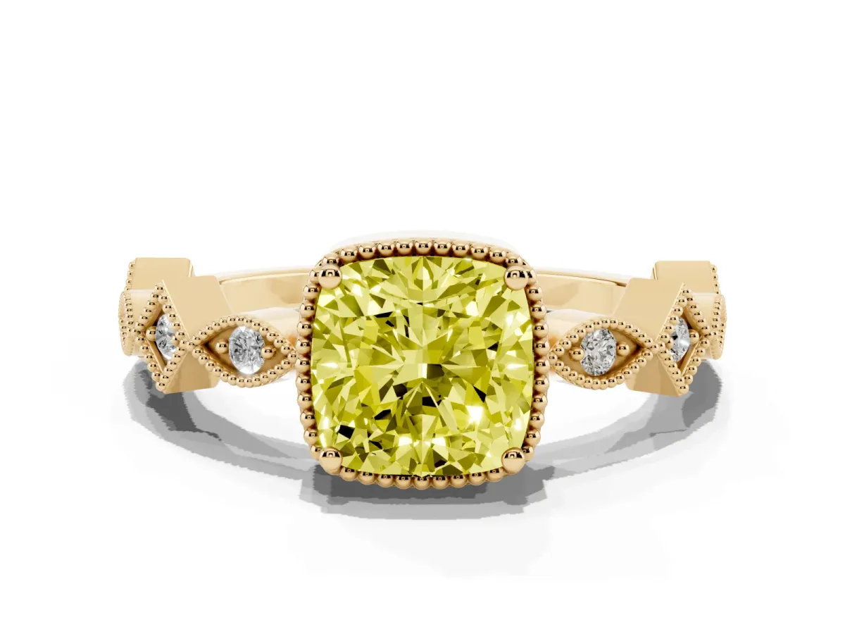 Fancy Yellow Cushion Cut Milgrain Marquise Diamond Twist Band Ring Yellow gold