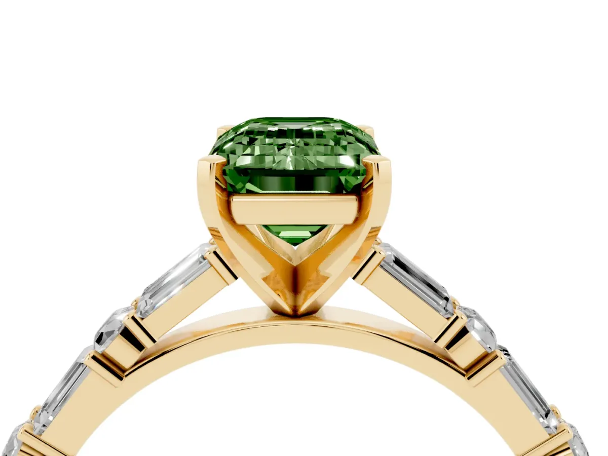 Fancy Green Emerald Cut Diamond Solitaire with Side Baguettes and Channel Set Band Yellow gold