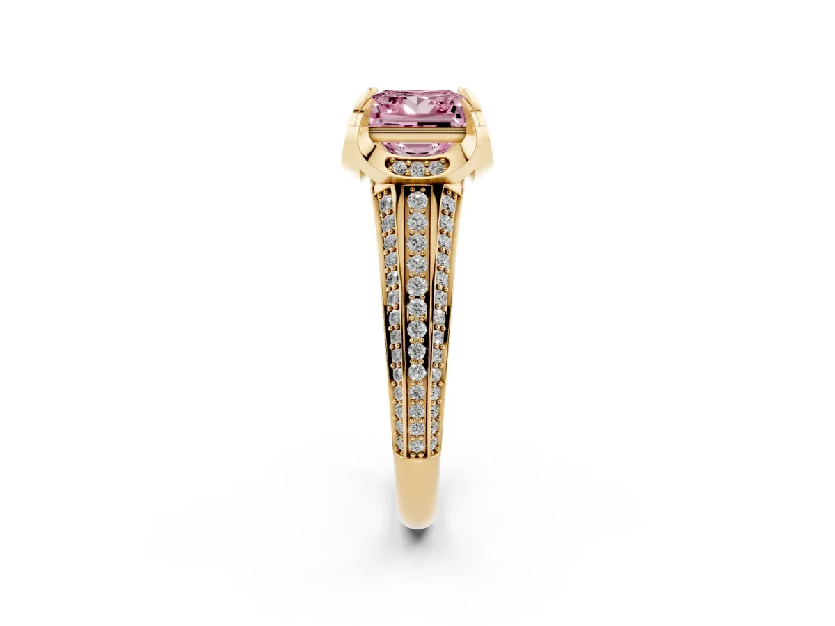 Fancy Pink Princess Cut Solitaire Pave Split Shank Ring with Four-Prong Setting Yellow gold