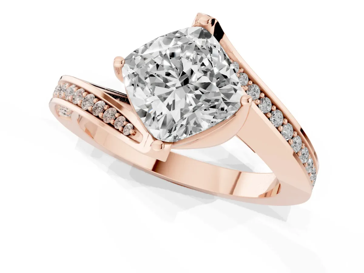 Cushion Cut Solitaire Diamond Twist Band with Pavé Setting and Four-Prong Setting Rose gold