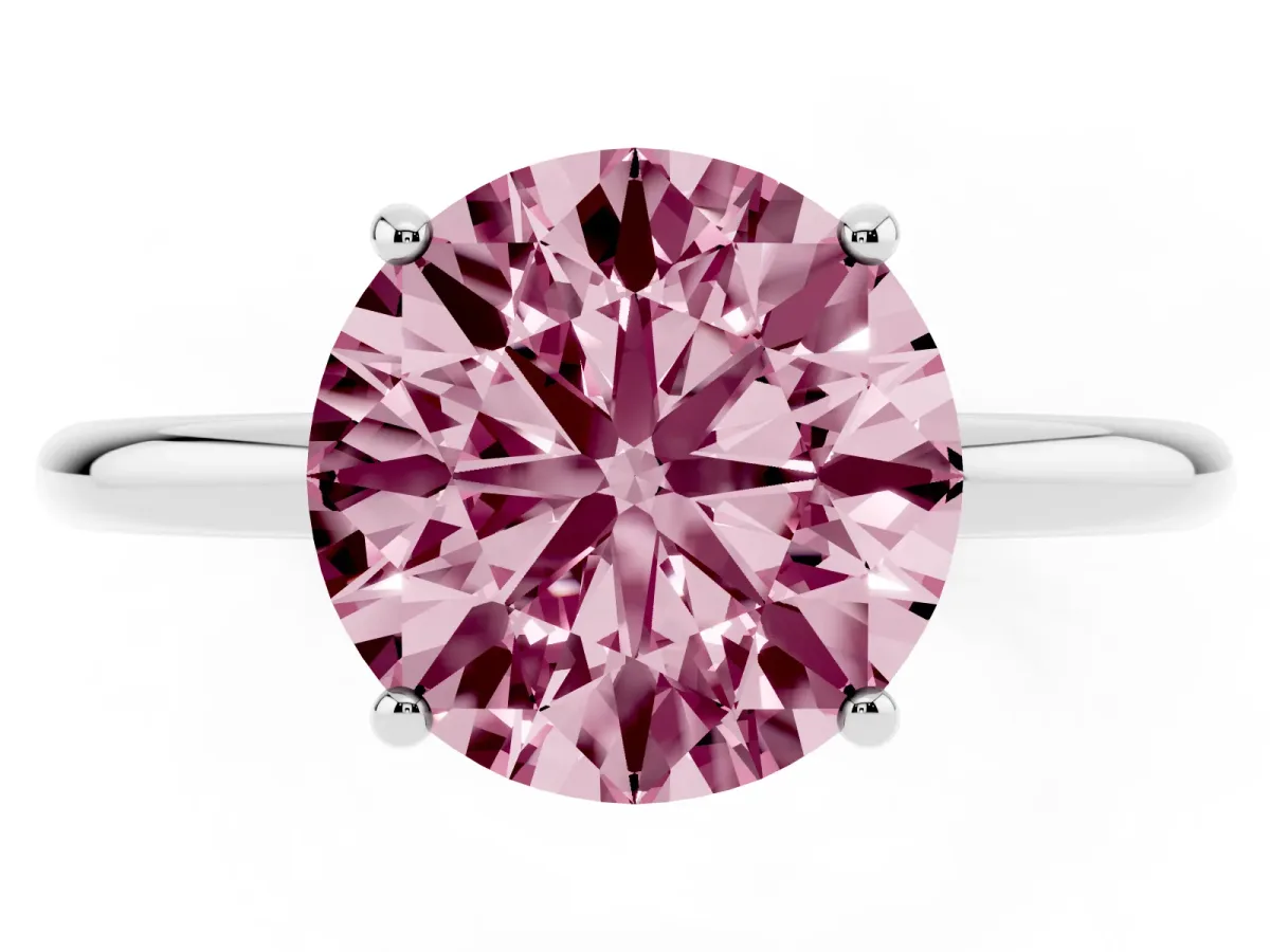Fancy Pink Round Cut Solitaire Diamond Ring with a Classic Band and Four-Prong Setting Silver