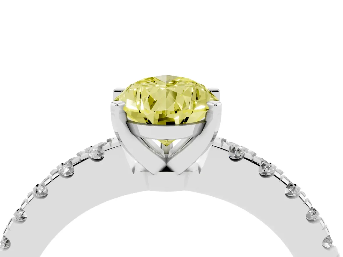 Fancy Yellow Pear Cut Solitaire Diamond with Pavé Band and Four-Prong Setting Silver