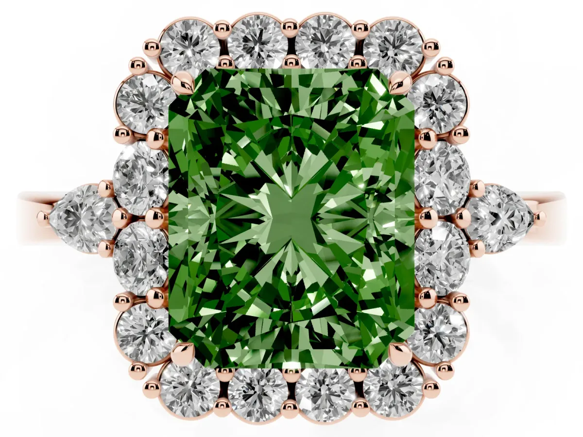 Fancy Green Radiant Cut Diamond Halo Ring with Pear Side Stones and Prong Setting Rose gold