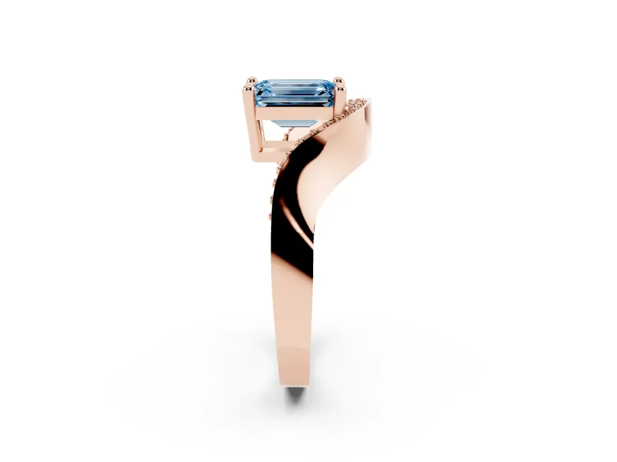 Fancy Blue Emerald Cut Solitaire Diamond Engagement Ring with Pave Band and Four-Prong Setting Rose gold