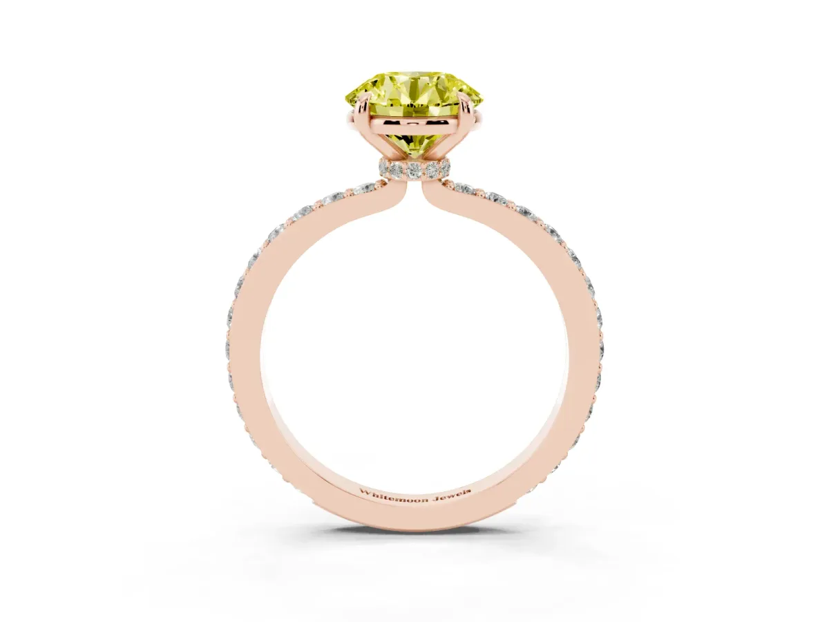 Fancy Yellow Round Cut Diamond Pavé Engagement Ring with Round Accents and Prong Setting Rose gold