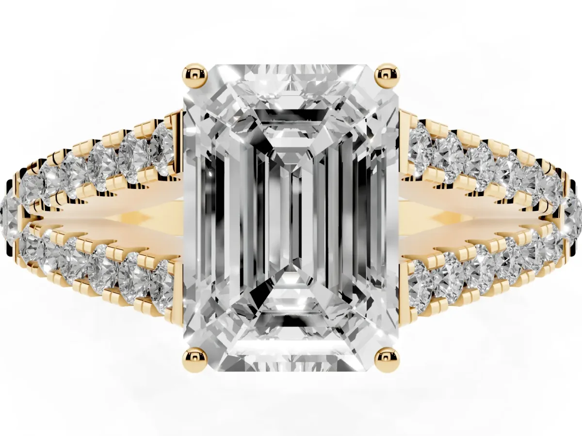 Emerald Cut Diamond Split Shank Pavé Engagement Ring with Four-Prong Setting Yellow gold