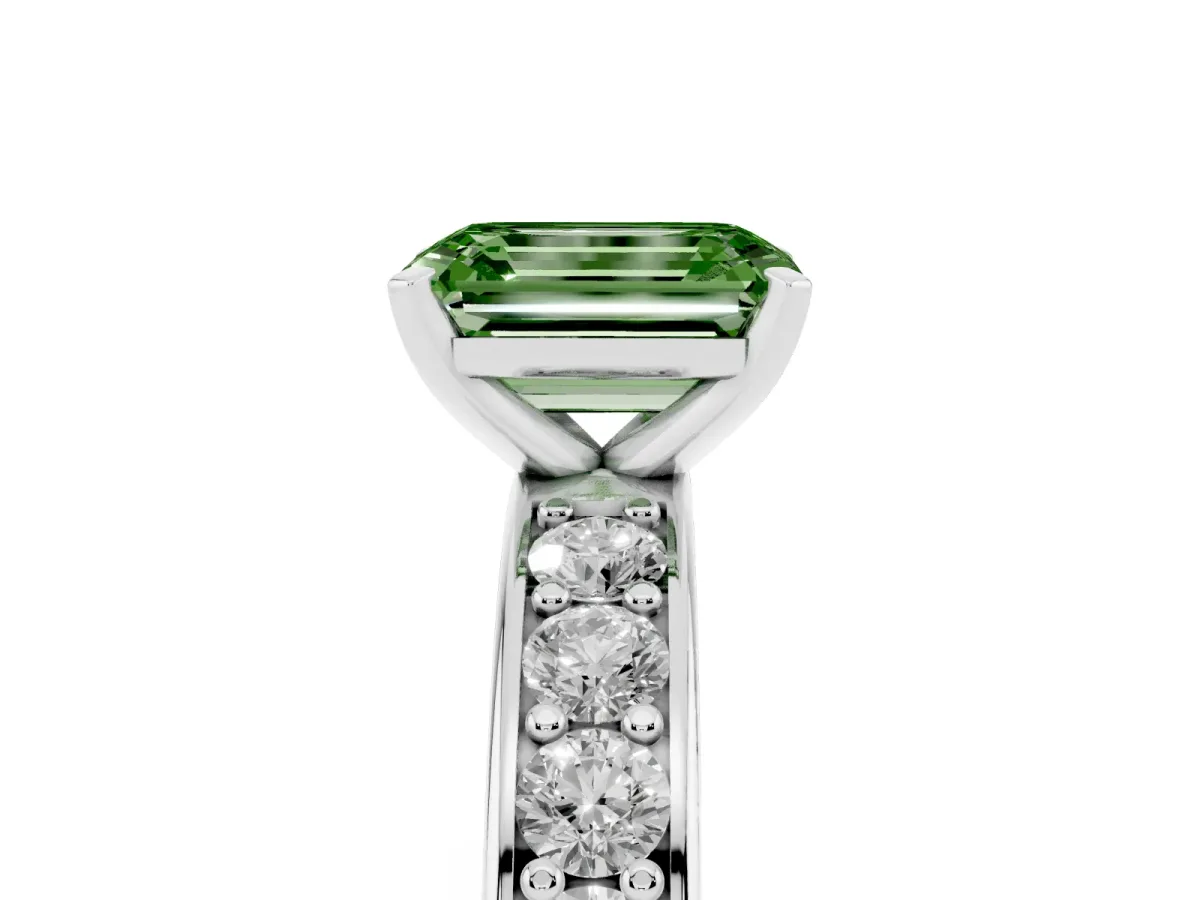 Fancy Green Emerald Cut Diamond Engagement Ring with Channel Set Round Band and Prong Setting Platinum