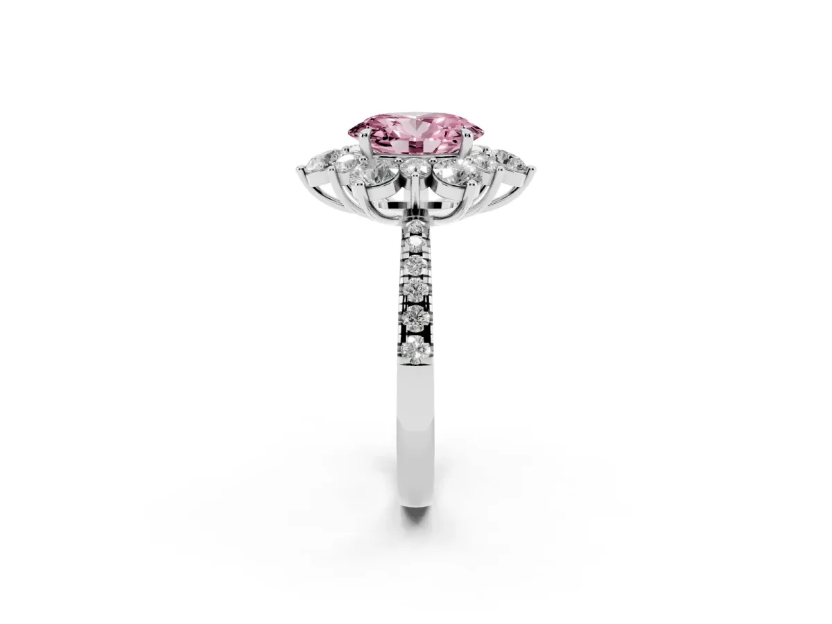Fancy Pink Oval Cut Diamond Floral Halo Ring with Round Pavé Band and Prong Setting Silver