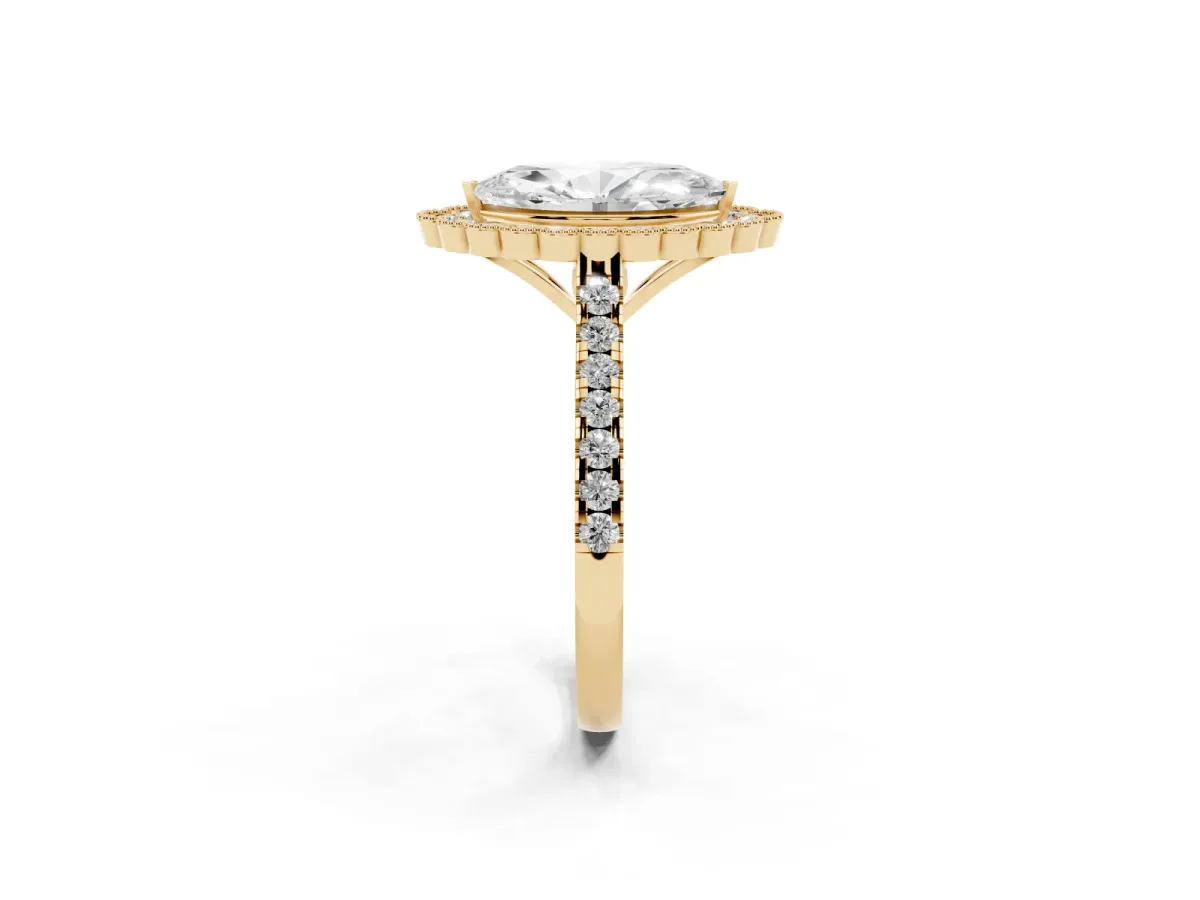 Marquise Cut Cut Diamond Milgrain Floral Halo Engagement Ring with Pavé Band Yellow gold