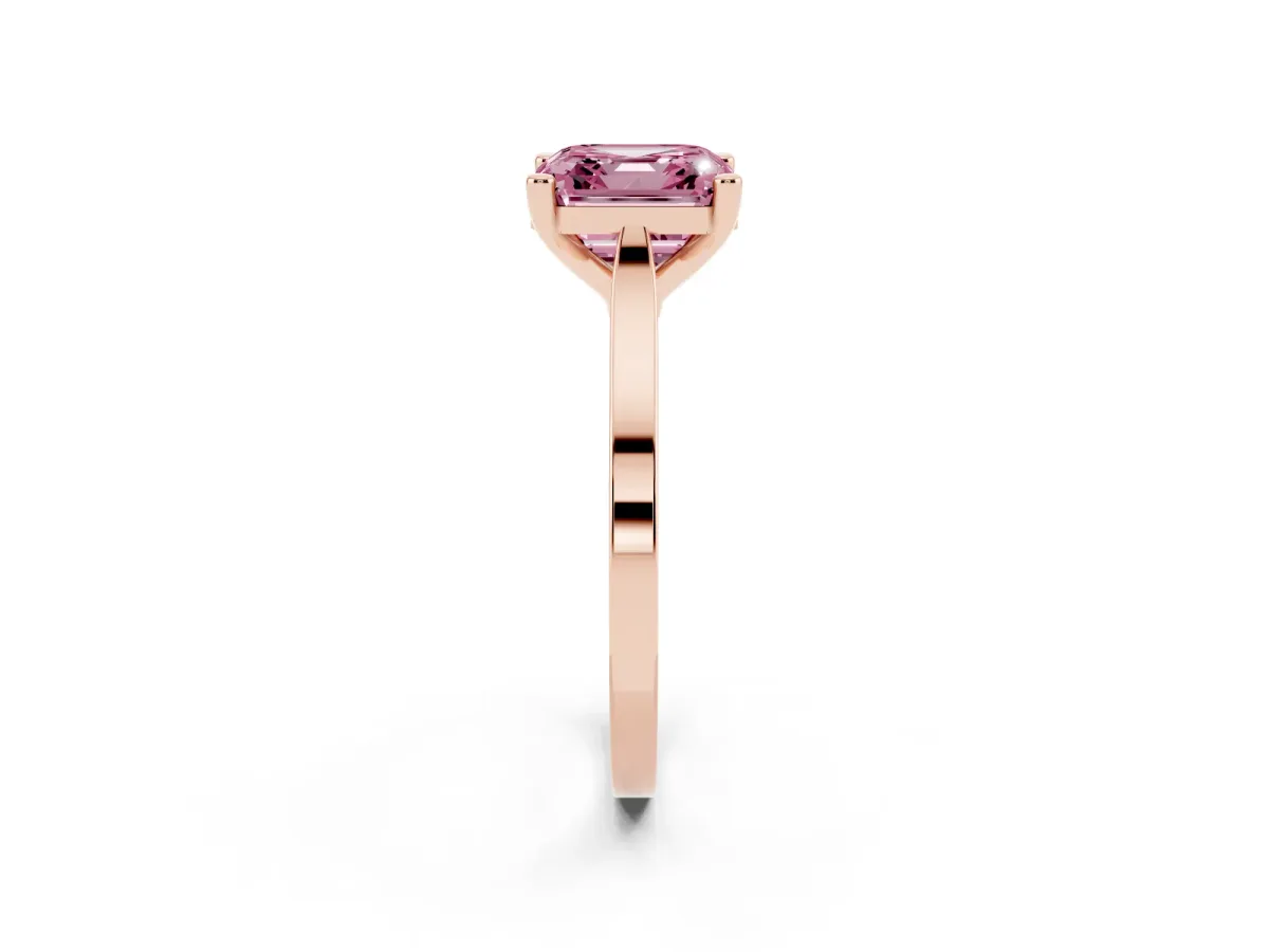 Fancy Pink Asscher Cut Solitaire Diamond Ring with Four-Prong Setting and Tapered Band Rose gold