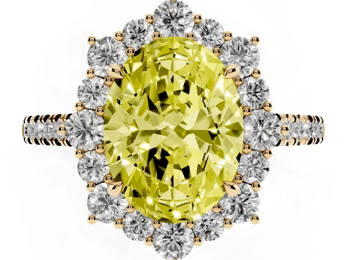 Fancy Yellow Oval Cut Halo Diamond Ring with Pavé Band and Prong Setting Yellow gold