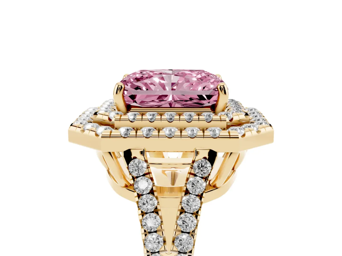 Fancy Pink Radiant Cut Diamond Double Halo Ring with Pavé Band and Prong Setting Yellow gold