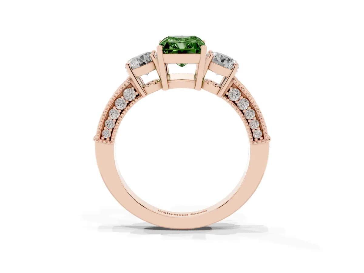 Fancy Green Radiant Cut Three-Stone Diamond Ring with Pavé Band and Four-Prong Setting Rose gold