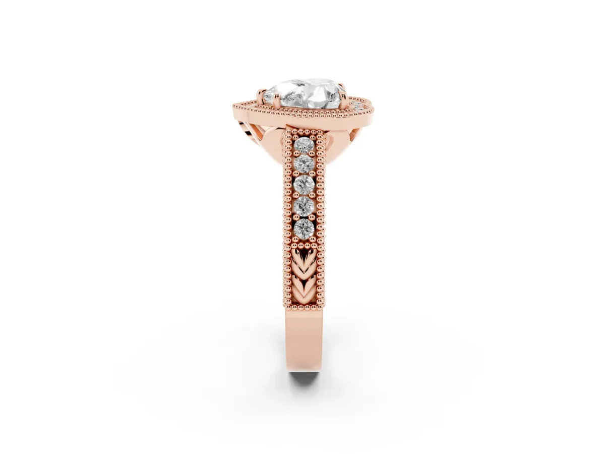 Heart Cut Cut Halo Diamond Ring with Pavé Band and Four-Prong Setting Rose gold