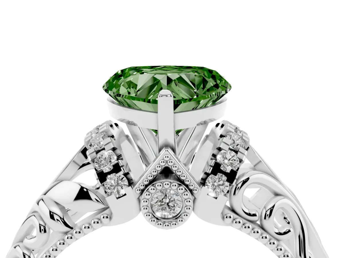 Fancy Green Heart Cut Solitaire Filigree Engagement Ring with Halo and Prong Setting Platinum