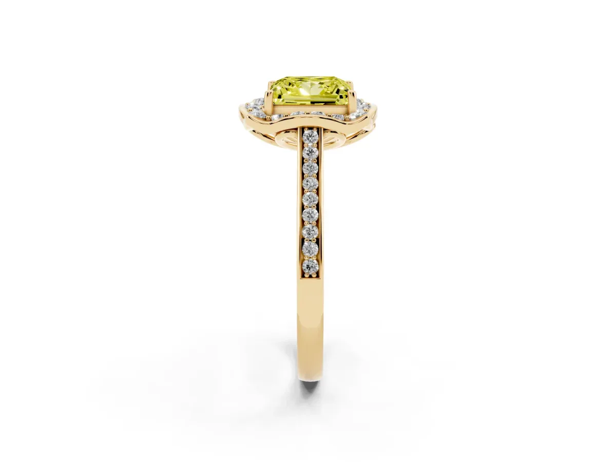 Fancy Yellow Princess Cut Halo Round Diamond Pave Band with Four-Prong Setting Yellow gold