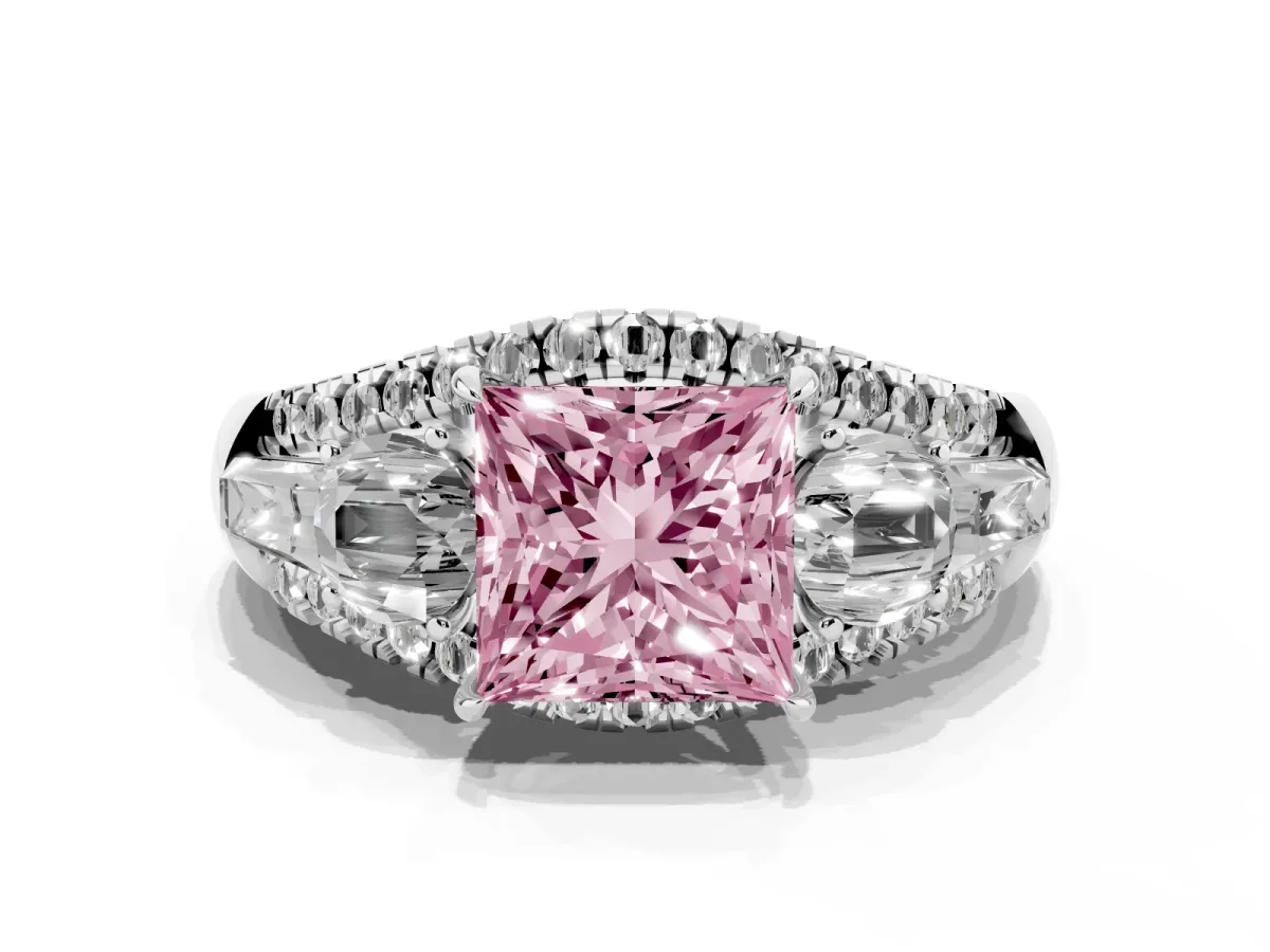 Fancy Pink Three-Stone Princess Cut Diamond Engagement Ring with Pave Band and Prong Setting Silver
