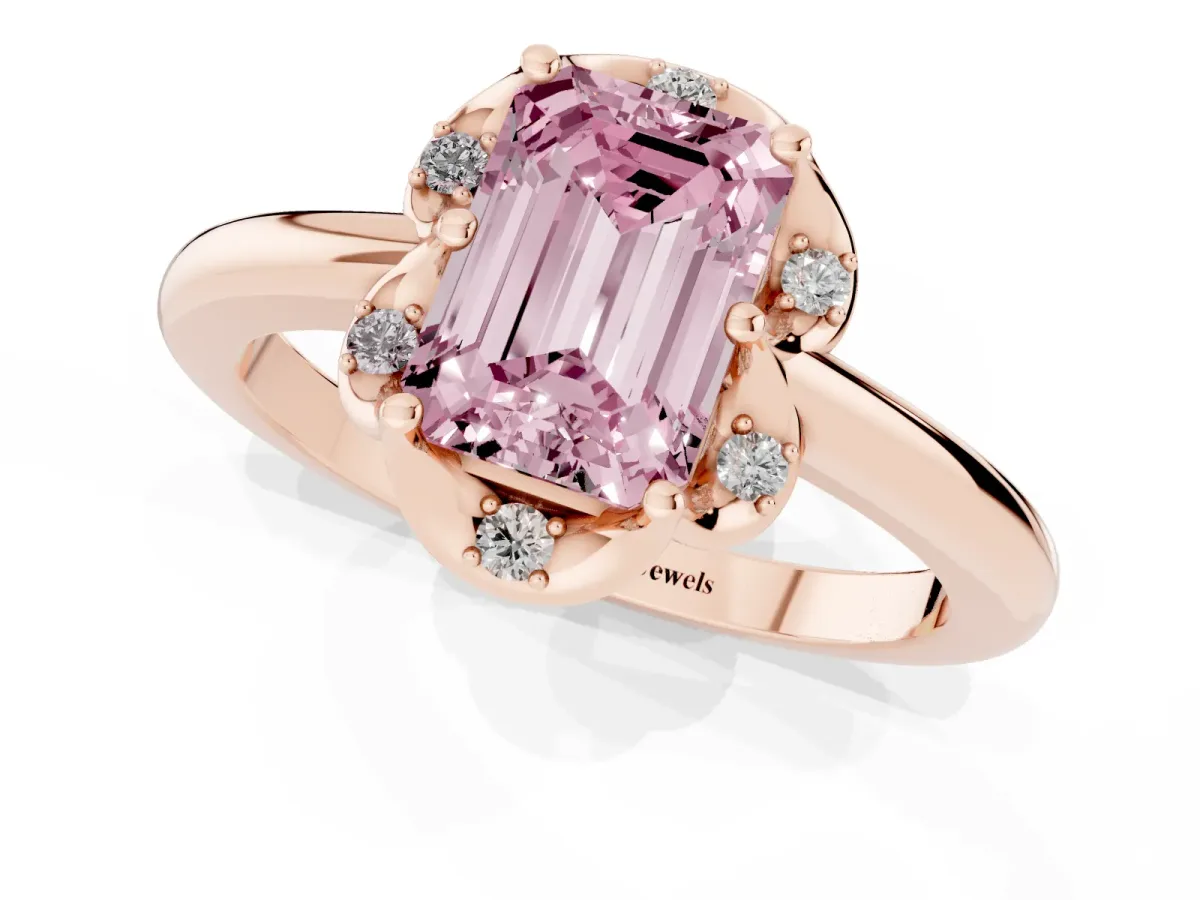 Fancy Pink Emerald Cut Halo Diamond Ring with Round Cluster Setting, Solitaire Band, and Four-Prong Setting Rose gold