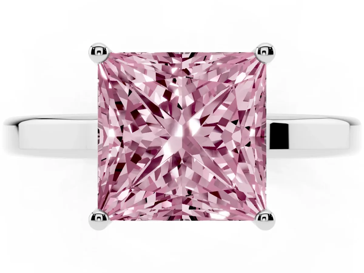 Fancy Pink Princess Cut Cut Solitaire Engagement Ring with Four-Prong Setting on a Classic Band Silver