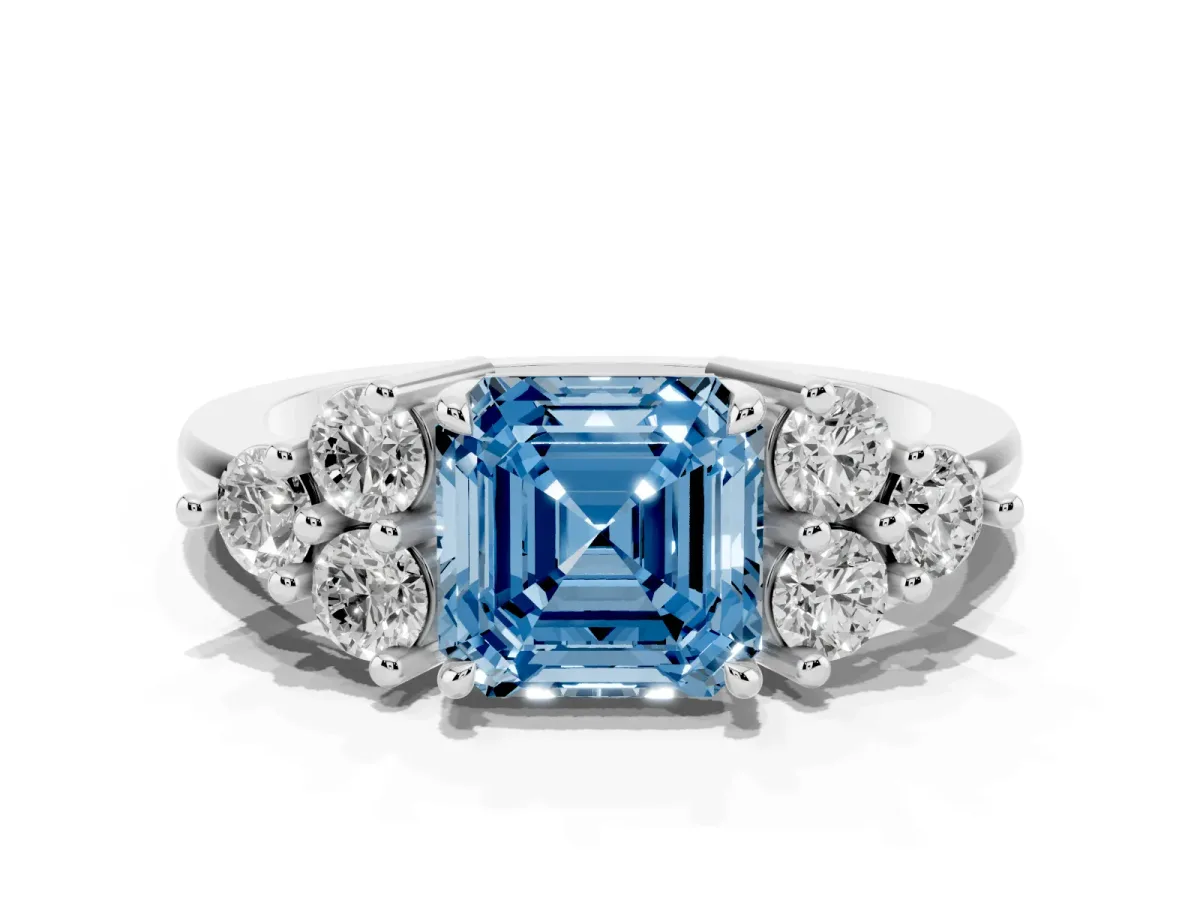 Fancy Blue Asscher Cut Brilliant Diamond Cluster Accent Solitaire Ring with Prong Setting White gold