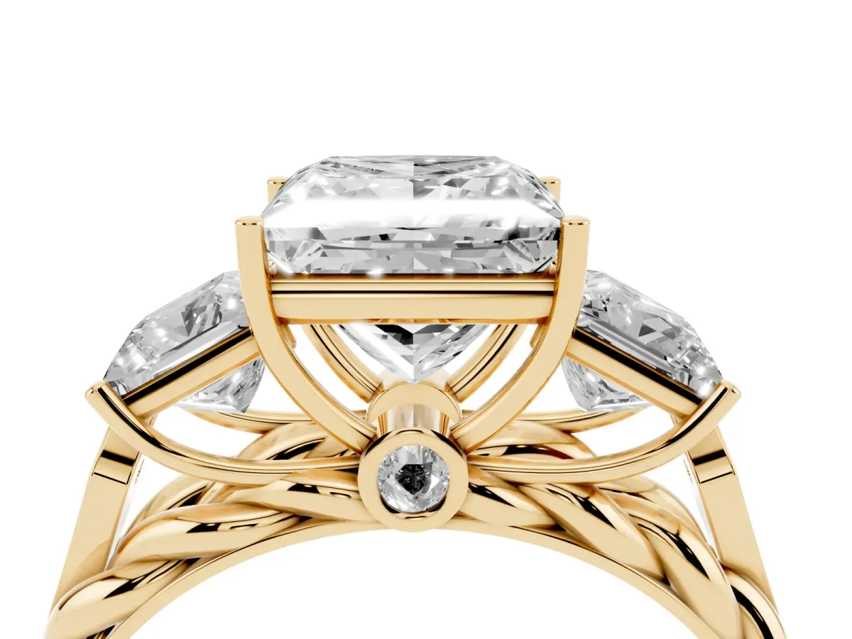 Three-Stone Princess Cut Diamond Braided Band Ring with Four-Prong Setting Yellow gold