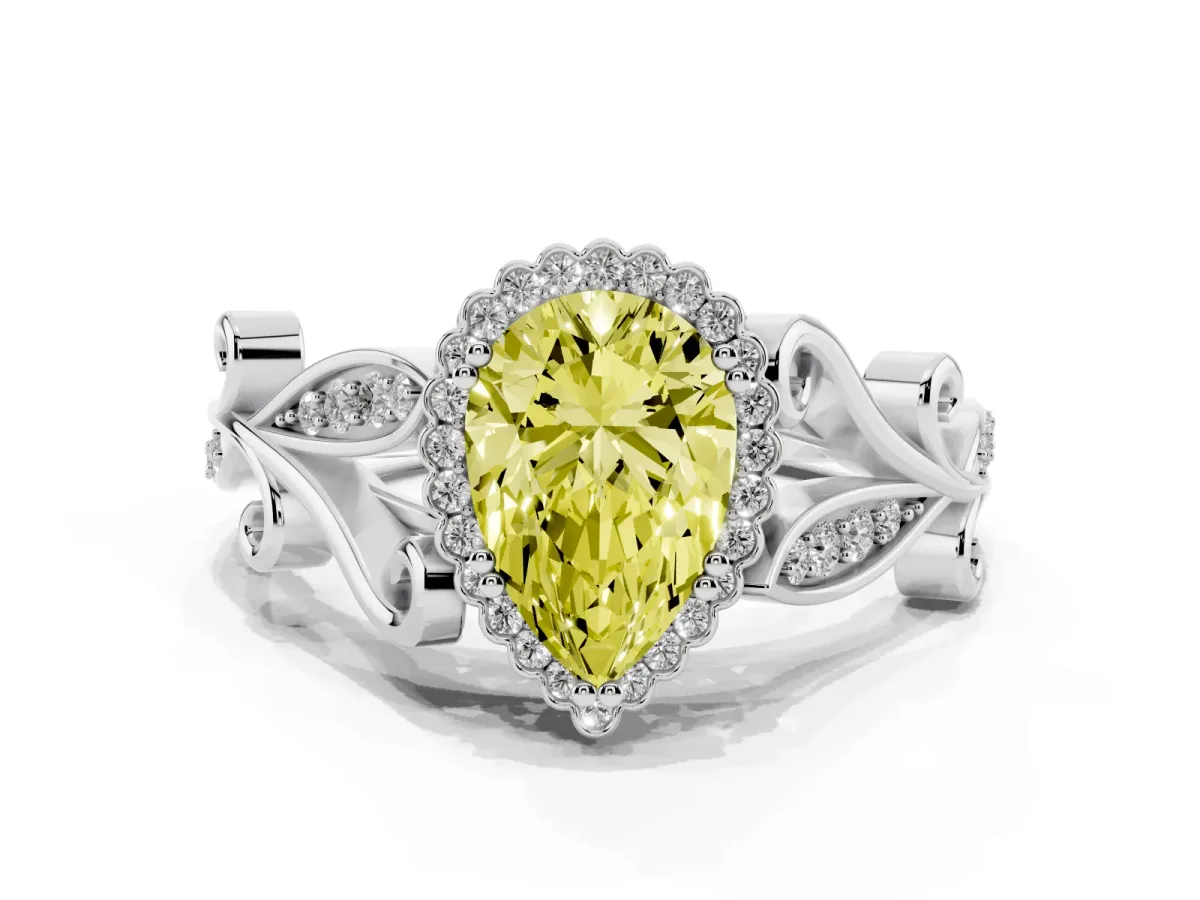 Fancy Yellow Pear Cut Diamond Halo Ring with Vintage Split Shank and Four-Prong Setting Silver