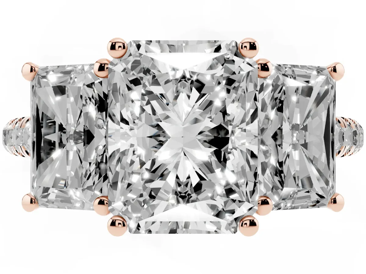 Three-Stone Radiant Cut Diamond Ring with Round Pavé Band and Prong Setting Rose gold