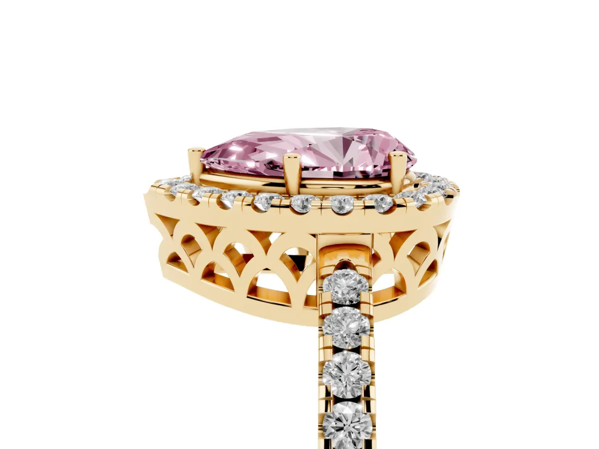 Fancy Pink Pear Cut Halo Diamond Engagement Ring with Pavé Band and Four-Prong Setting Yellow gold