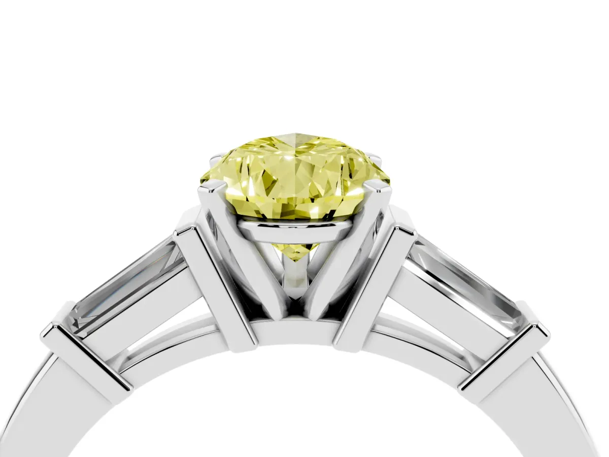 Fancy Yellow Pear Cut Cut Diamond Solitaire Ring with Tapered Baguette Accents and Four-Prong Setting Silver