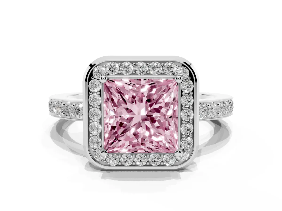 Fancy Pink Princess Cut Diamond Halo Ring with Bezel Frame and Pavé Band Platinum