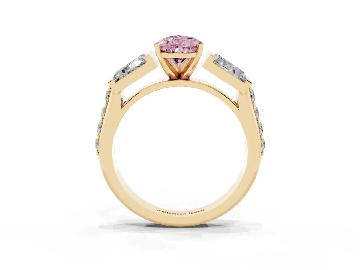 Fancy Pink Pear Cut Diamond Engagement Ring with Baguette Side Stones and Channel Set Band Yellow gold