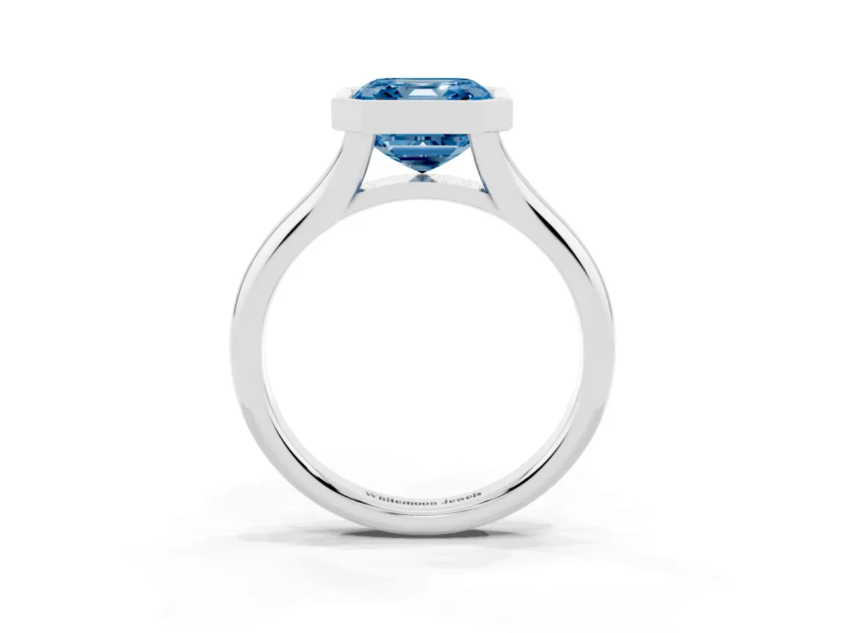 Fancy Blue Bezel Set Asscher Cut Solitaire Diamond Ring with Smooth Band White gold